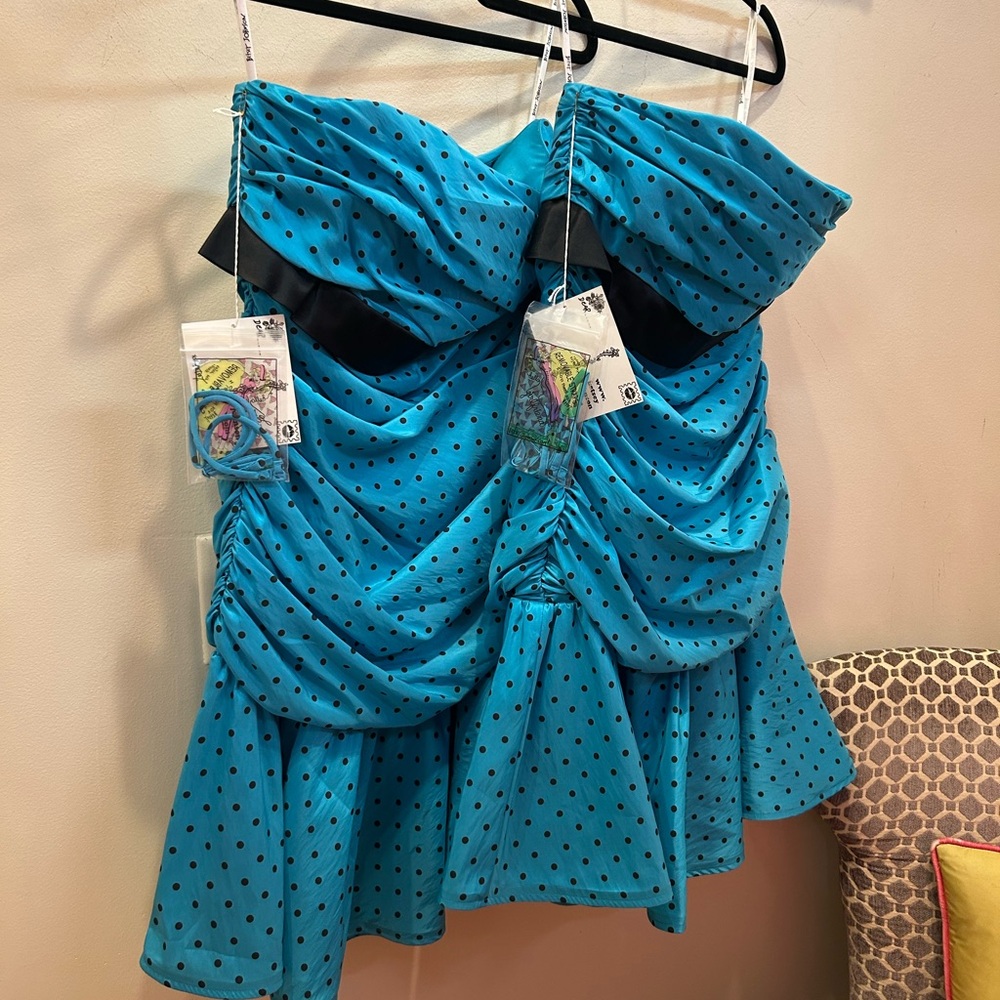 Betsey Johnson Turquoise Strapless Dress with Black Dots